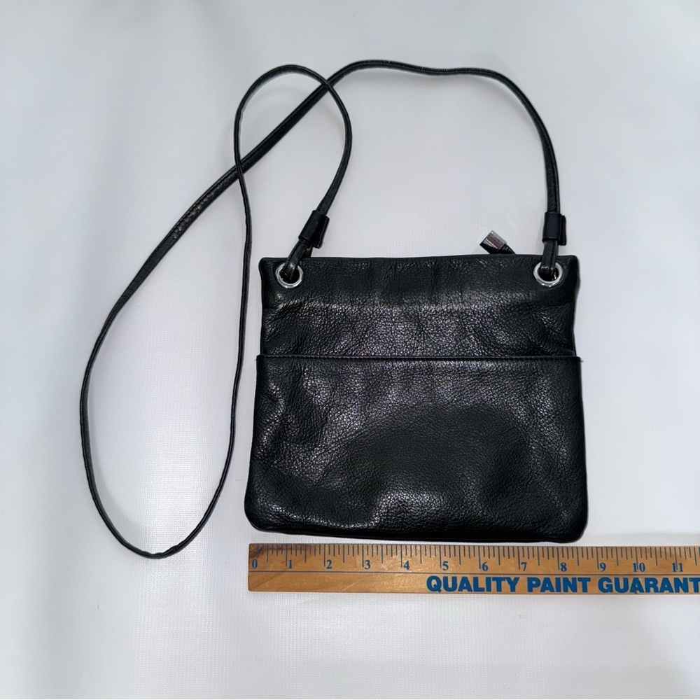 margot Black Leather Crossbody Bag 8.5 x 7.5 silver accents 26 inch drop